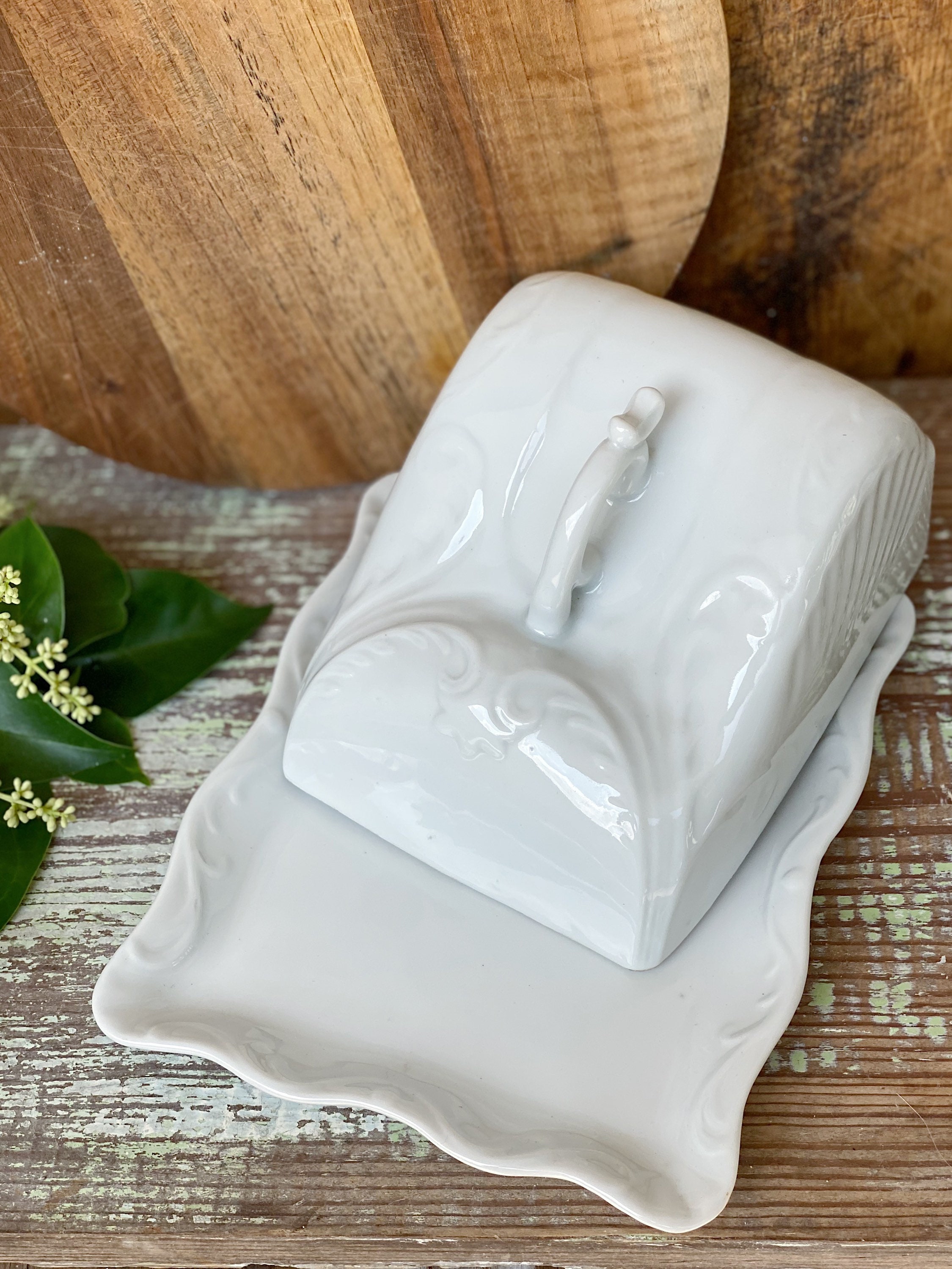 Antique White Ironstone Cheese Cover Dome Lid With Platter