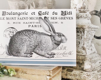 Vintage Easter RABBIT Sign Grain Sack Easter Wood Sign French Farmhouse Decor Book Page Wall Art Print Farmhouse Decor Robins Egg Blue