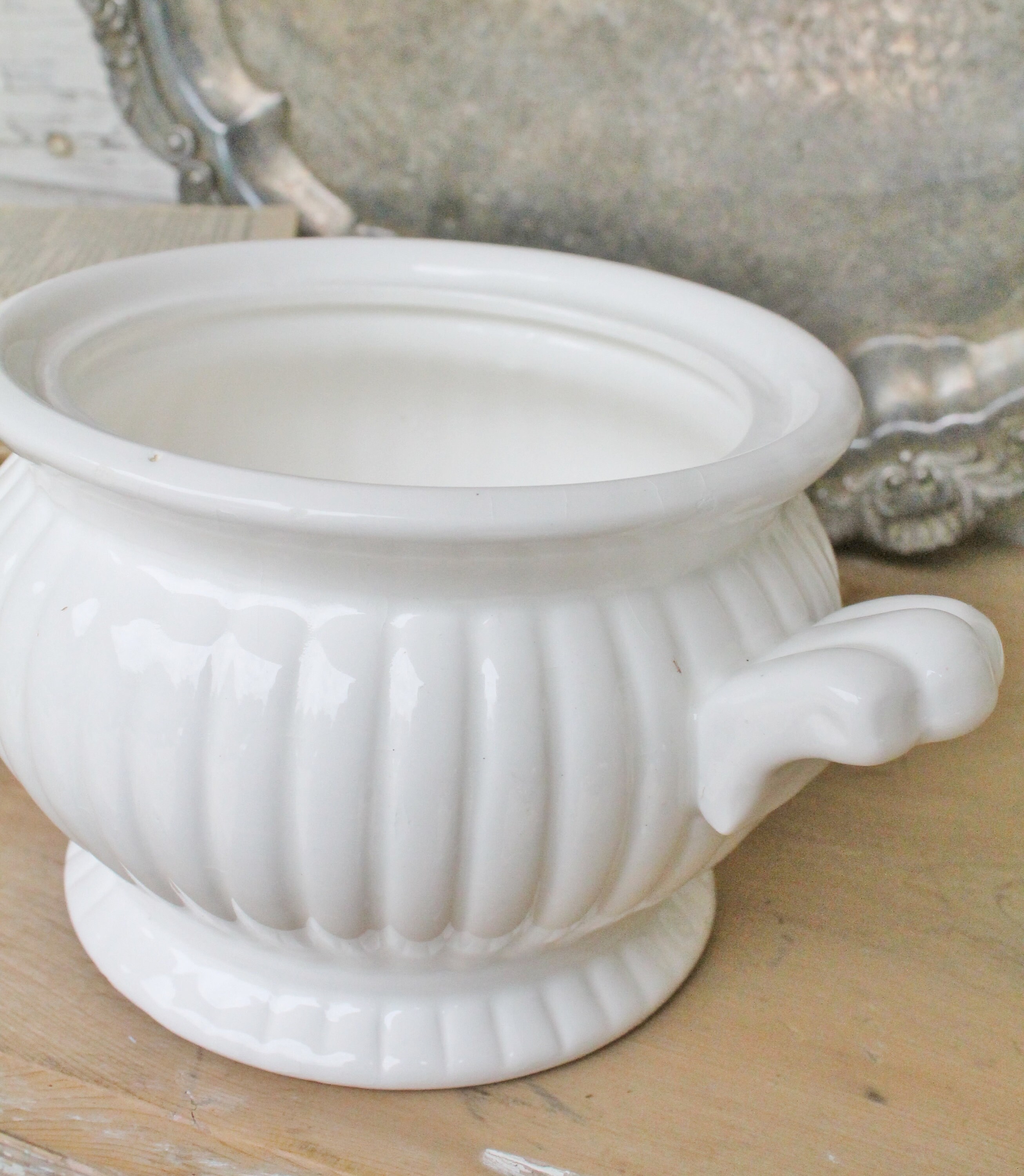 Vintage White Tureen Compote Footed Ribbed Bowl with Handles Farmhouse Decor Fixer Upper Decor