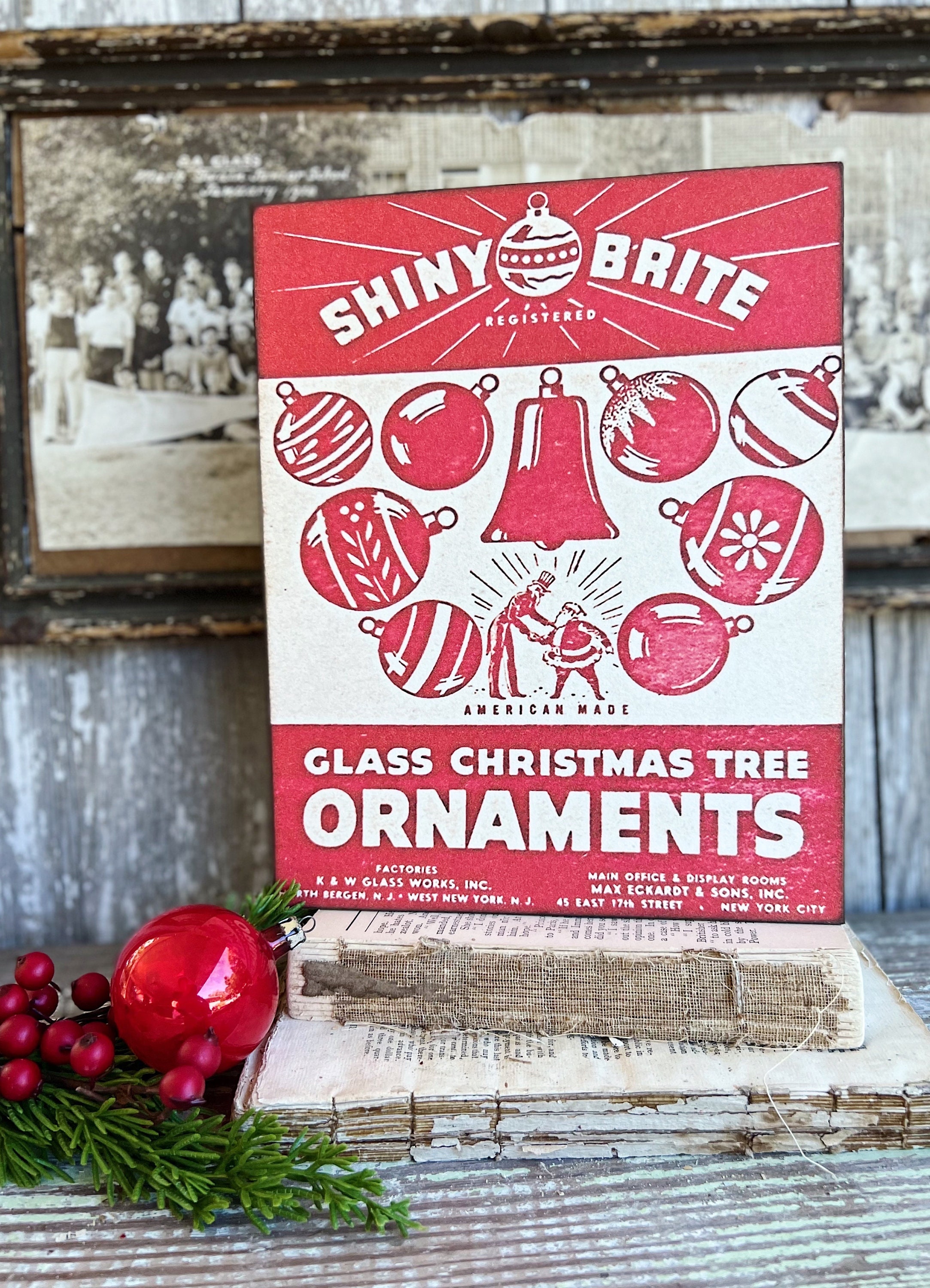 SHINY BRITE ORNAMENTS Wood Sign Red Farmhouse Christmas Decor Vintage ...