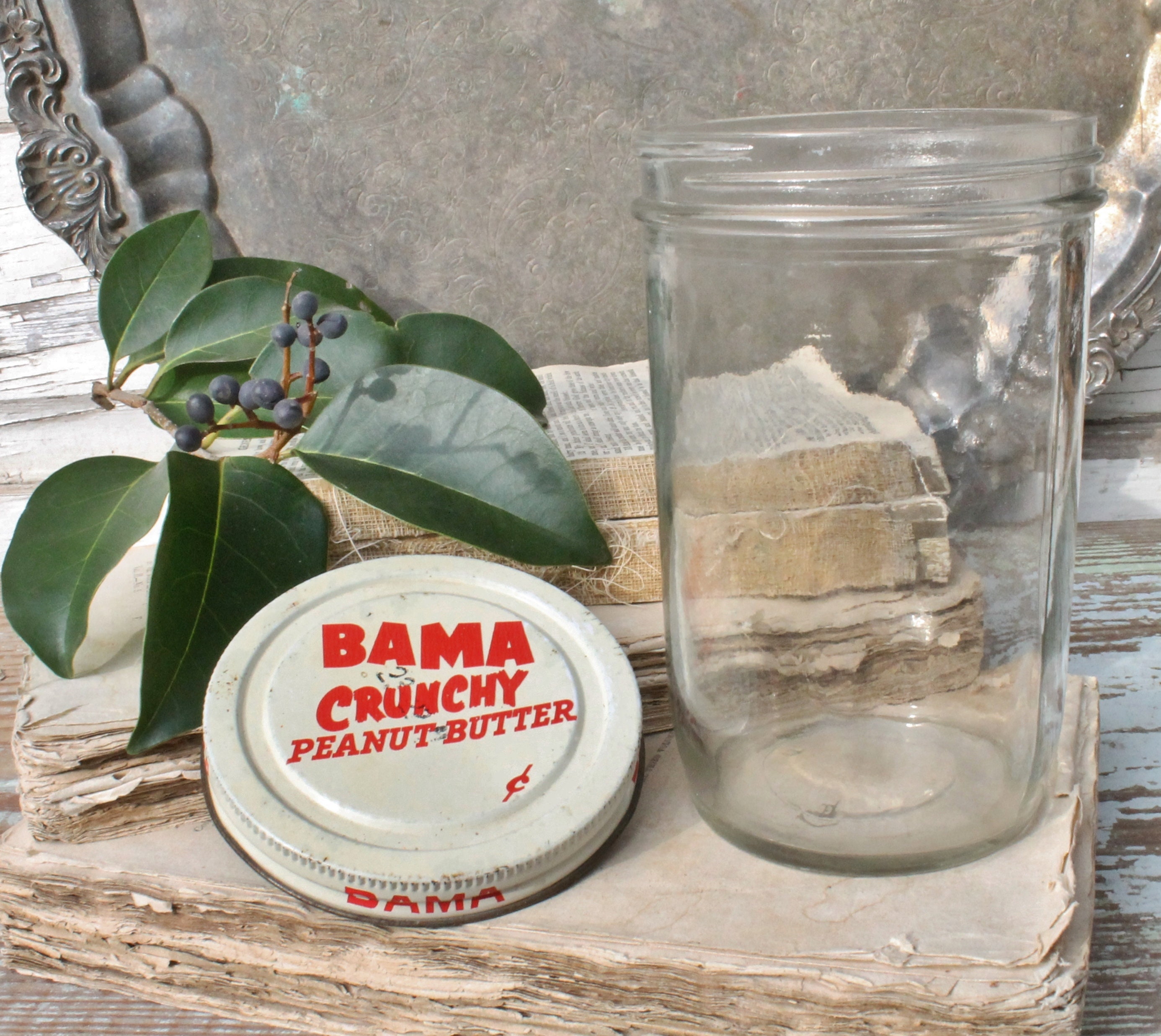 Vintage PEANUT BUTTER Glass Jar with Lid BAMA Crunchy Red Container