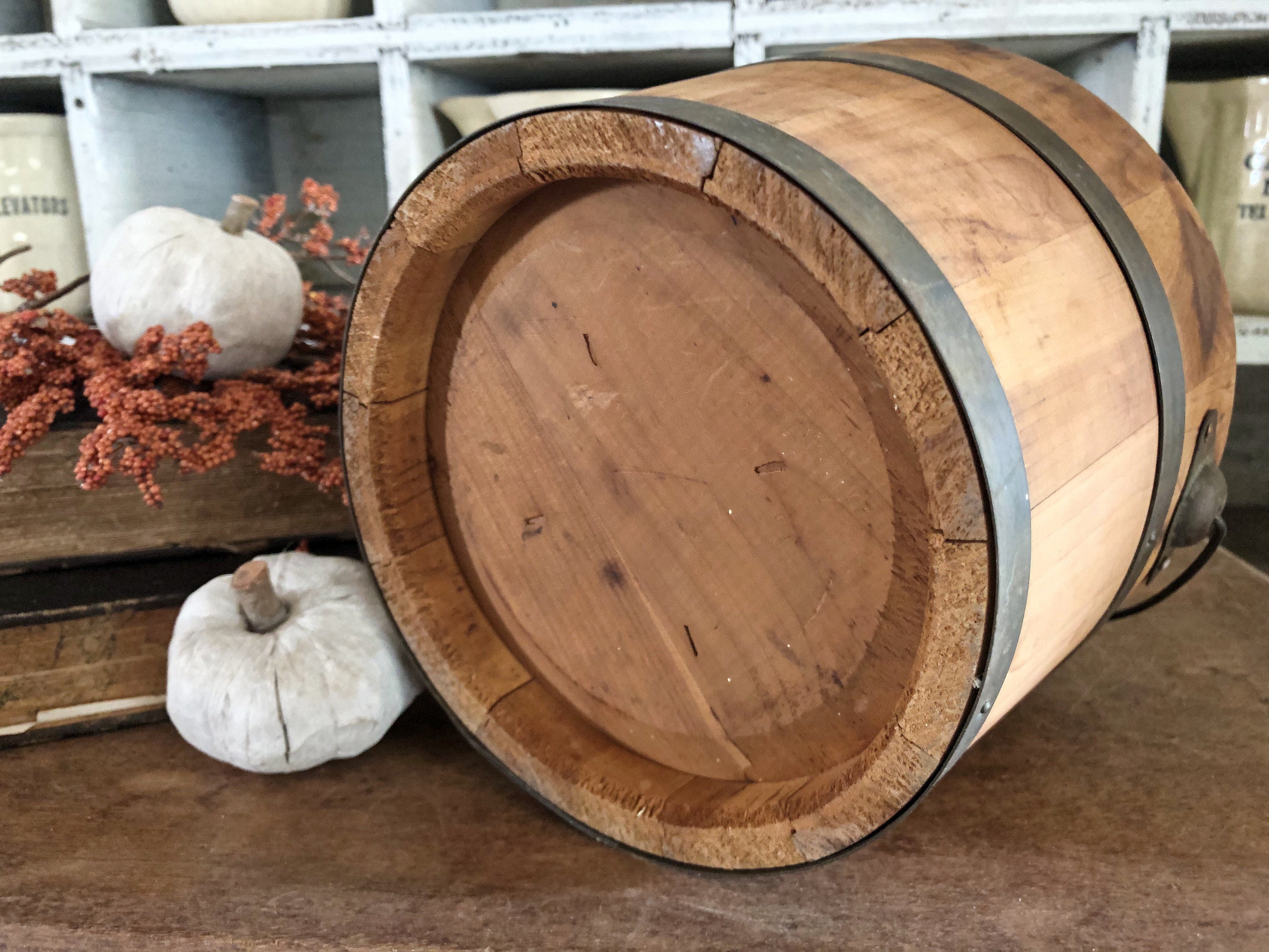 Antique Wood Bucket STAVE Barrel Bail Primitive Fall Farmhouse Decor