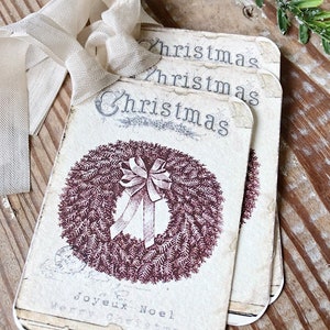 Świąteczne zabytkowe etykiety na prezenty JOYEUX NOEL WREATH Farmhouse Christmas Decor Card French Shabby Gift Wrap