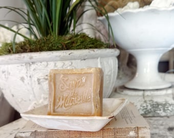 Antique White Ironstone  Square PLATE Soap Side Dish Farmhouse Decor Crazed Stained LARGE