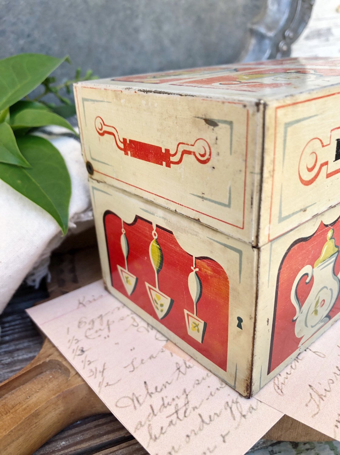 Vintage Metal Tin Recipe Box Painted Primitive Farmhouse Decor