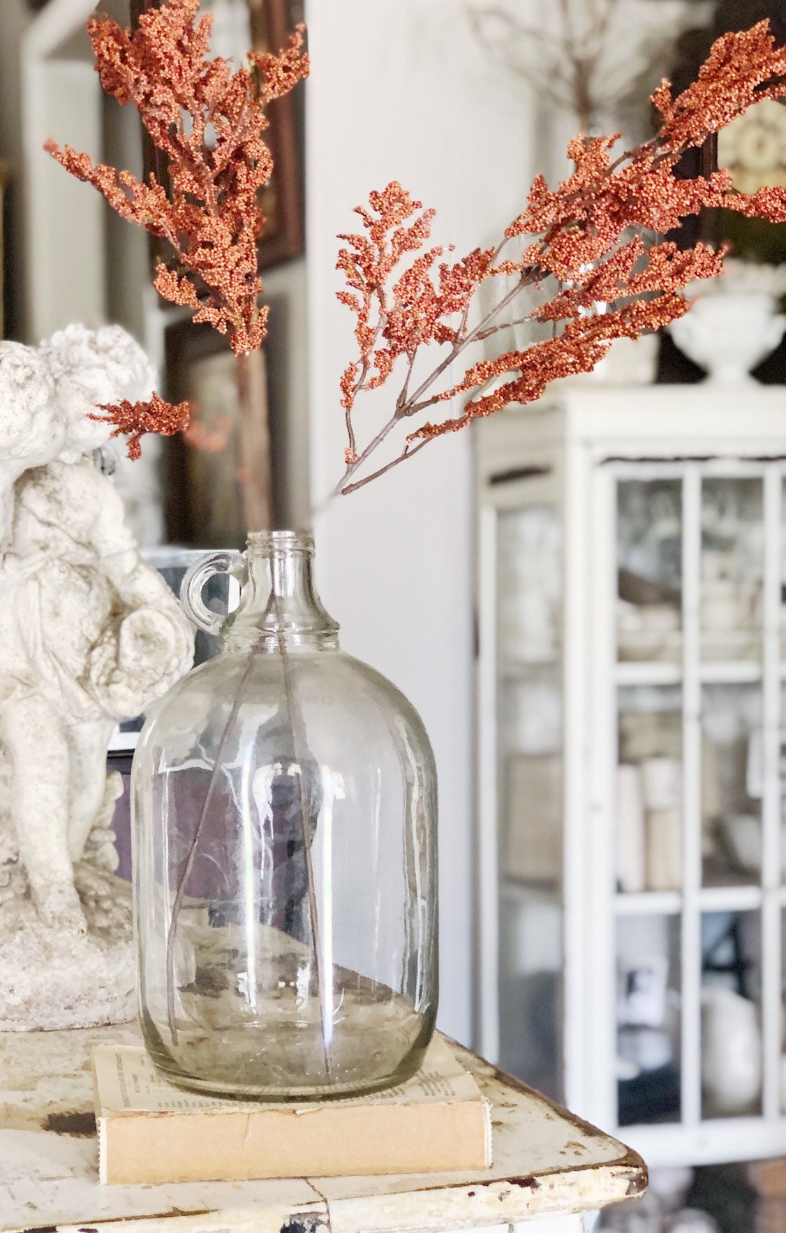 Antique Glass Jug Bottle CLEAR Fall Farmhouse Decor Gallon Jug Vase Centerpiece