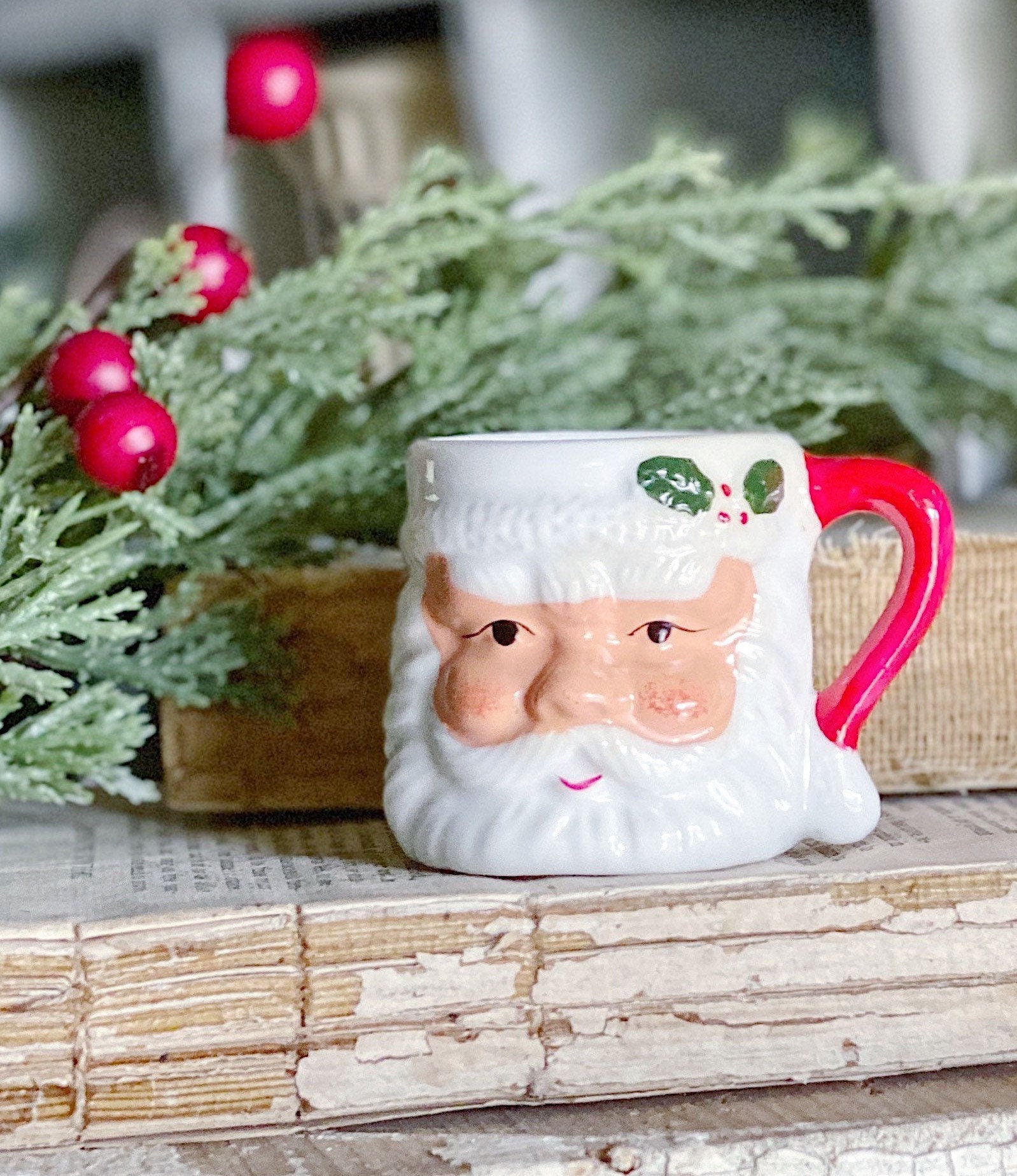 Vintage Ironstone Santa Claus Cup Mug FULL SIZE Santa Hand Painted Farmhouse Christmas Decor