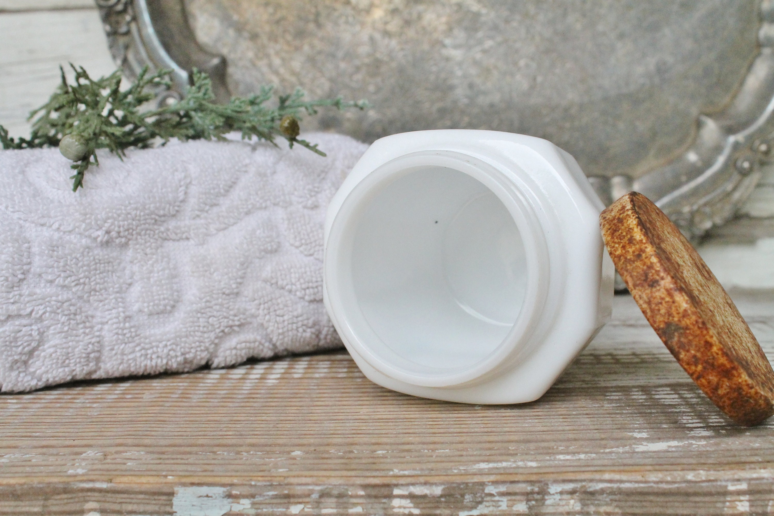 Vintage White Milk Glass Jar Vanity Jar with Metal Lid Farmhouse Decor