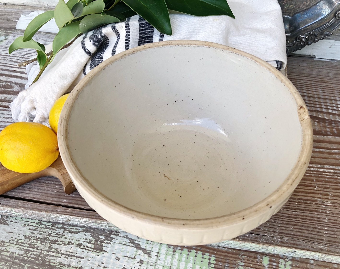 Antique crock salt glaze stoneware dough mixing bowl picket fence
