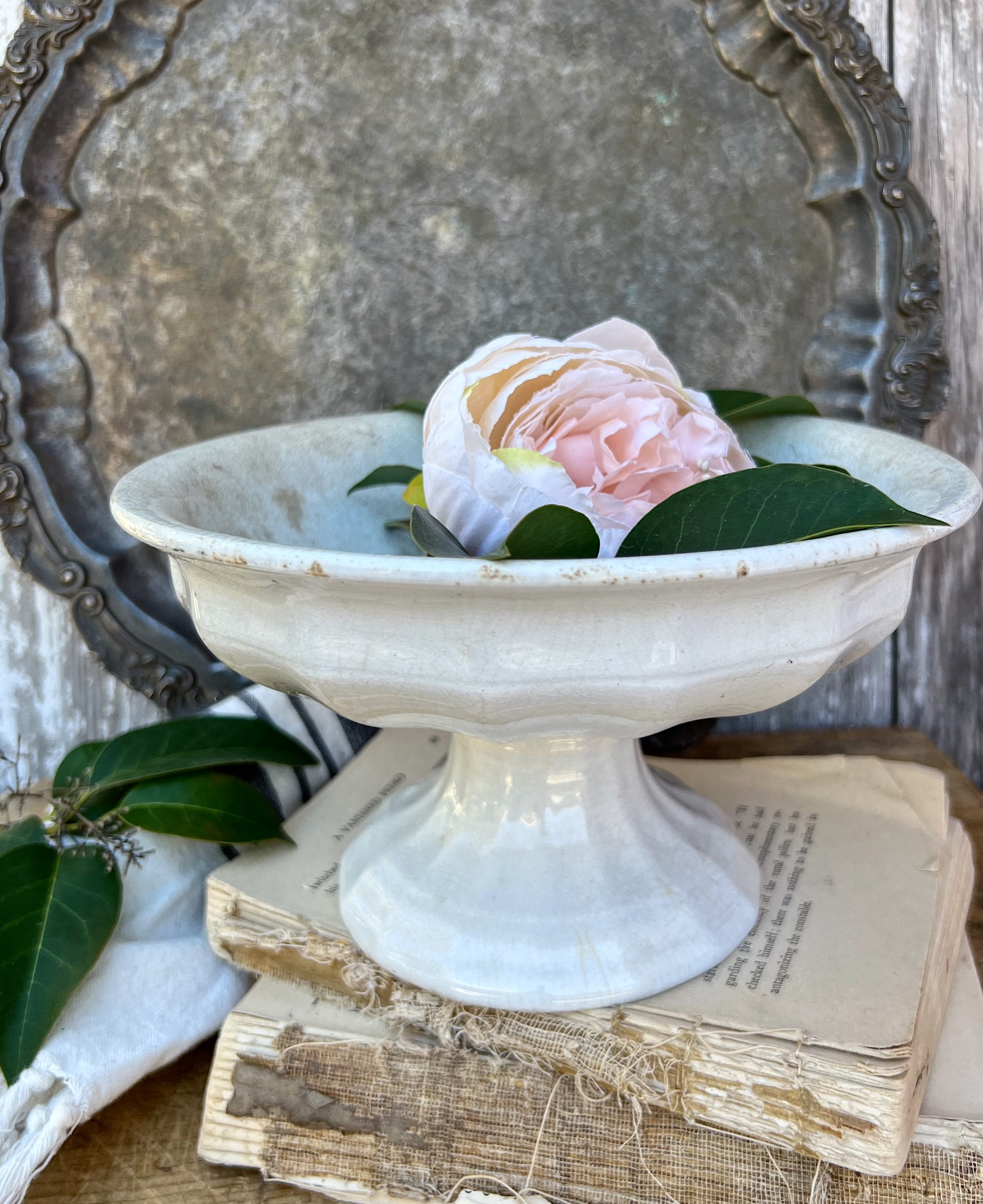 Antique White Ironstone Compote Pedestal Bowl Lady Finger Scallop