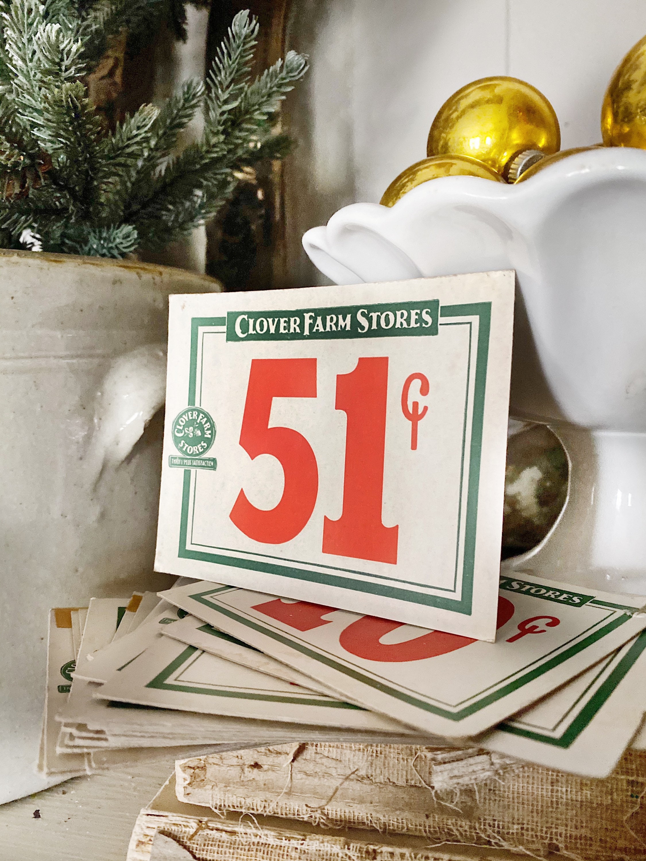 Vintage CLOVER FARM Stores Price Tag Number Card Sign Red Green