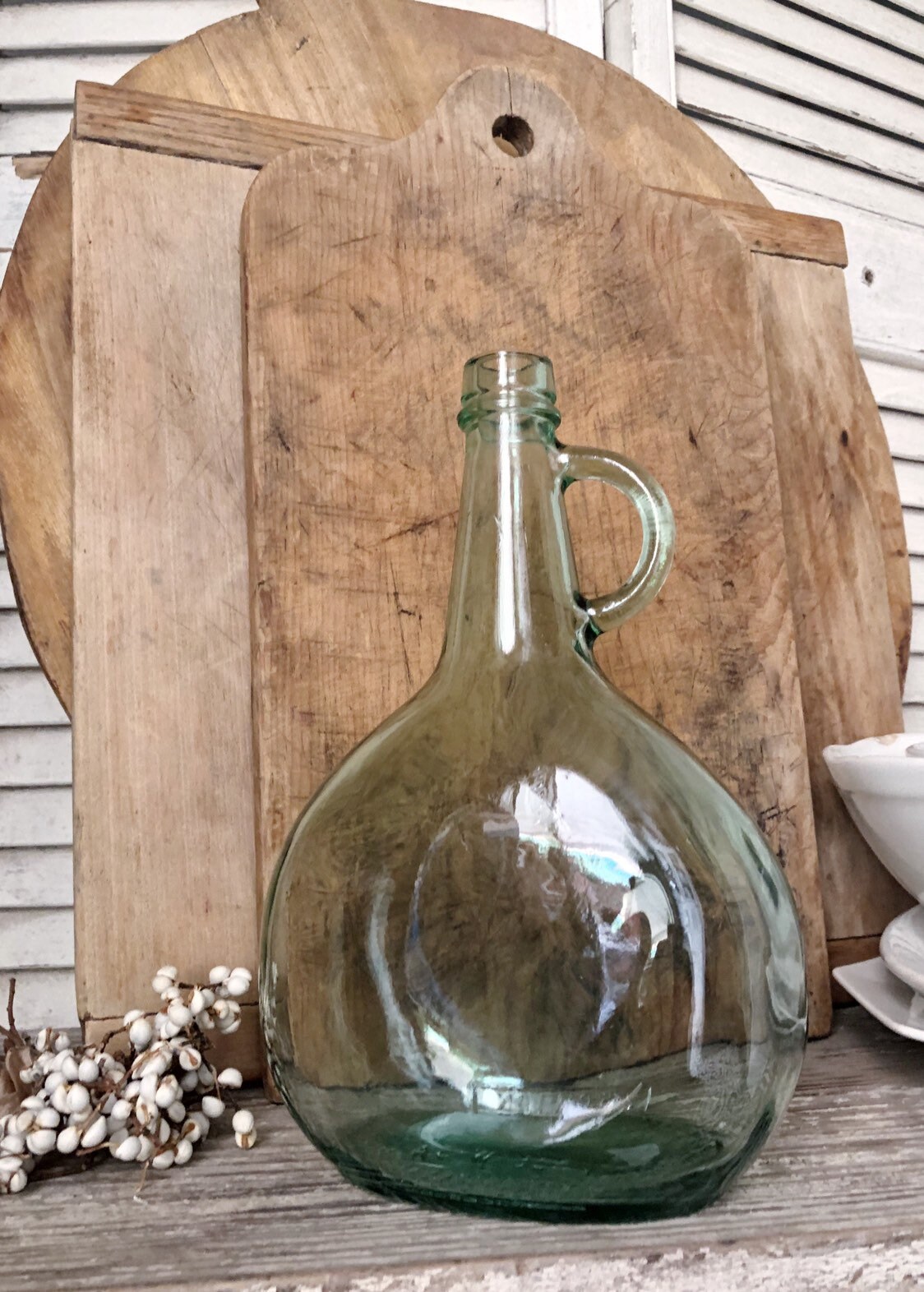 Antique Glass Demi John Bottle GREEN Farmhouse DECOR Jug