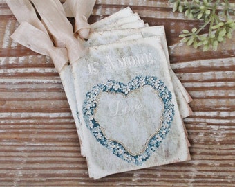 Valentine Vintage Gift Tags LOVE Heart L'Amore French BLUE Roses Farmhouse Decor Card  Shabby