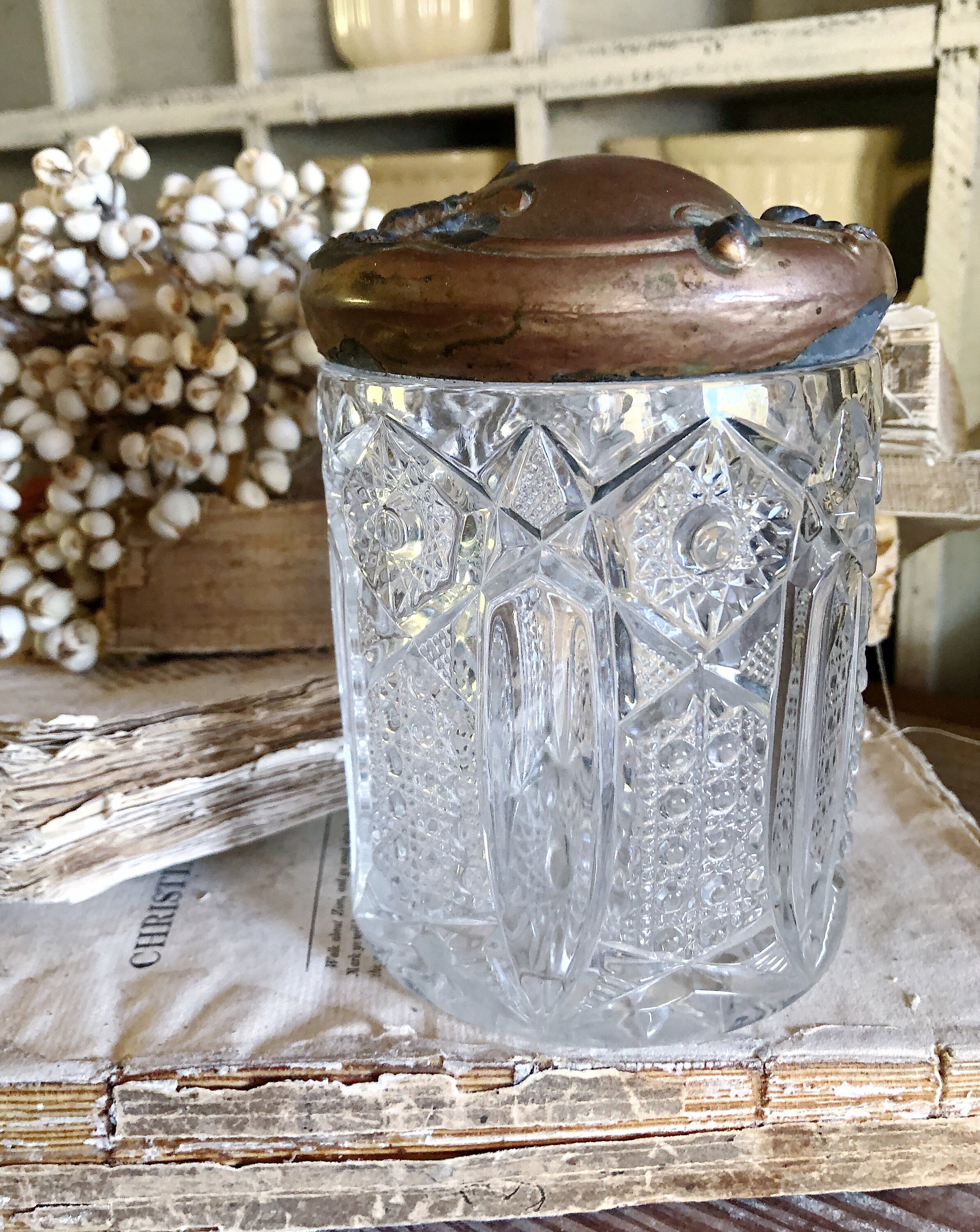 Antique Cut Glass Humidor Jar with Gold Copper Metal Lid Cast Art Nouveau