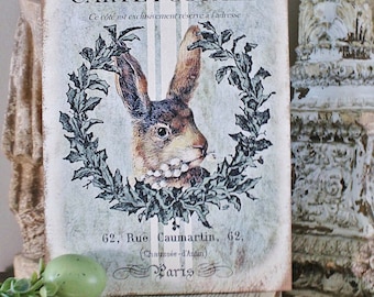 Vintage Easter RABBIT Sign Grain Sack Laurel Wreath Easter Wood Sign French Farmhouse Decor Book Page Wall Art Print Farmhouse DecorLAMB