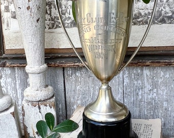 Antique Loving Cup Trophy Silver Engraved Farmhouse Decor Industrial Salvage 1931