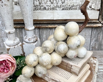 Antique Alabaster Grapes With Wood Stem White Stone Fruit Farmhouse Decor Vintage Italian Marble Driftwood Stem MCM Mid Century Marble