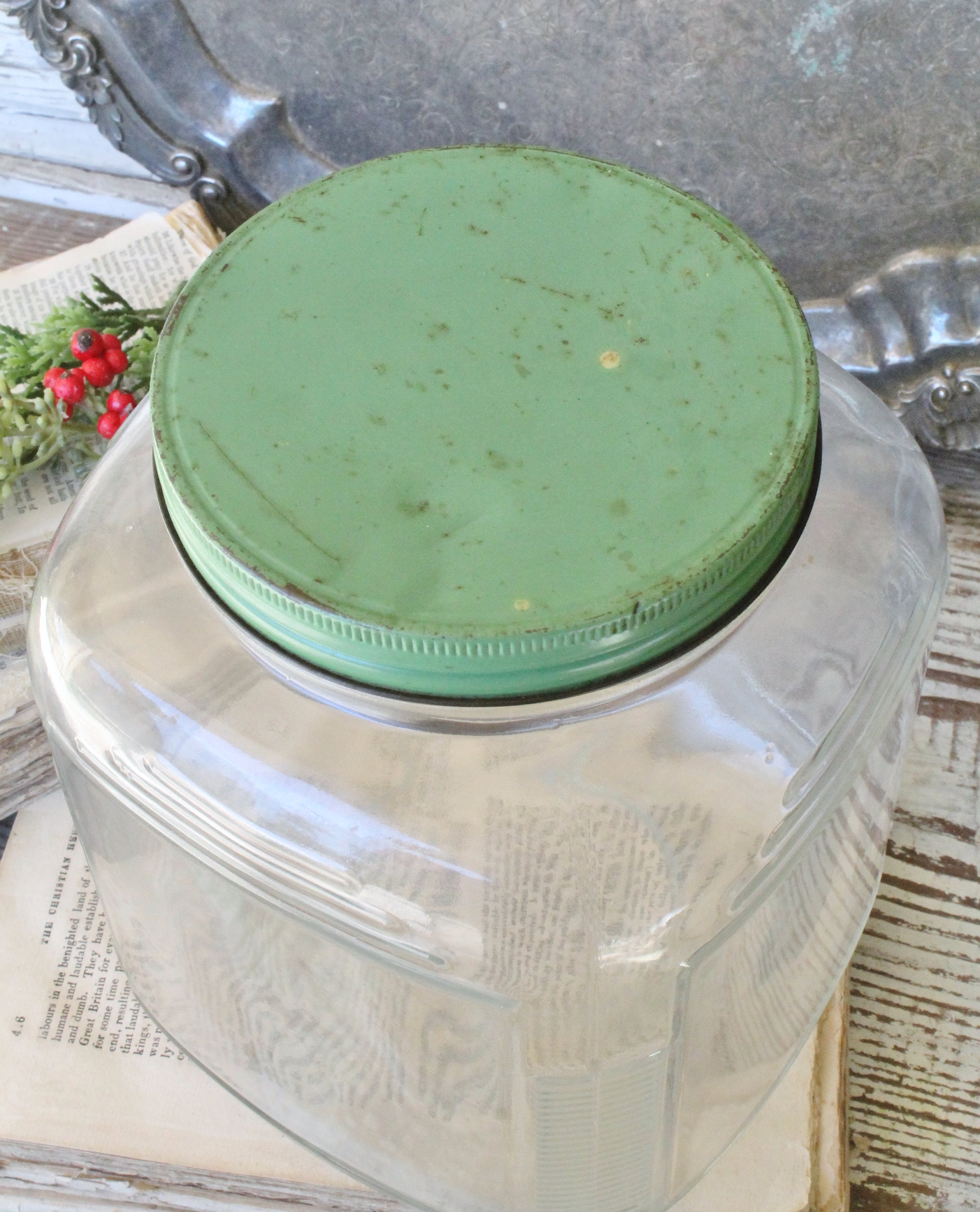 Vintage HOOSIER Glass Jar with GREEN Lid Container Farmhouse Decor