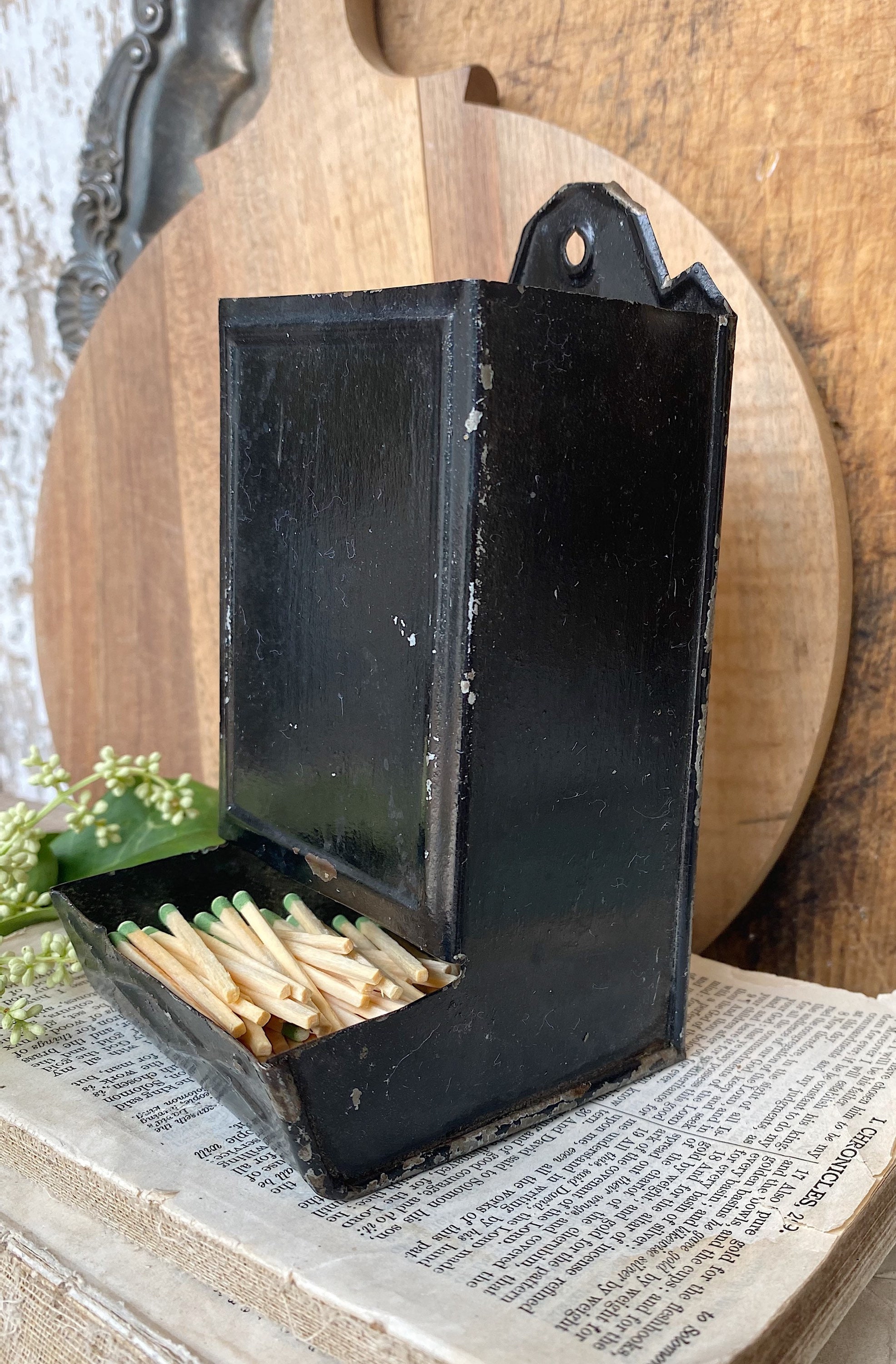 Vintage Metal Match Holder Wall Mount Black Chippy Farmhouse Decor