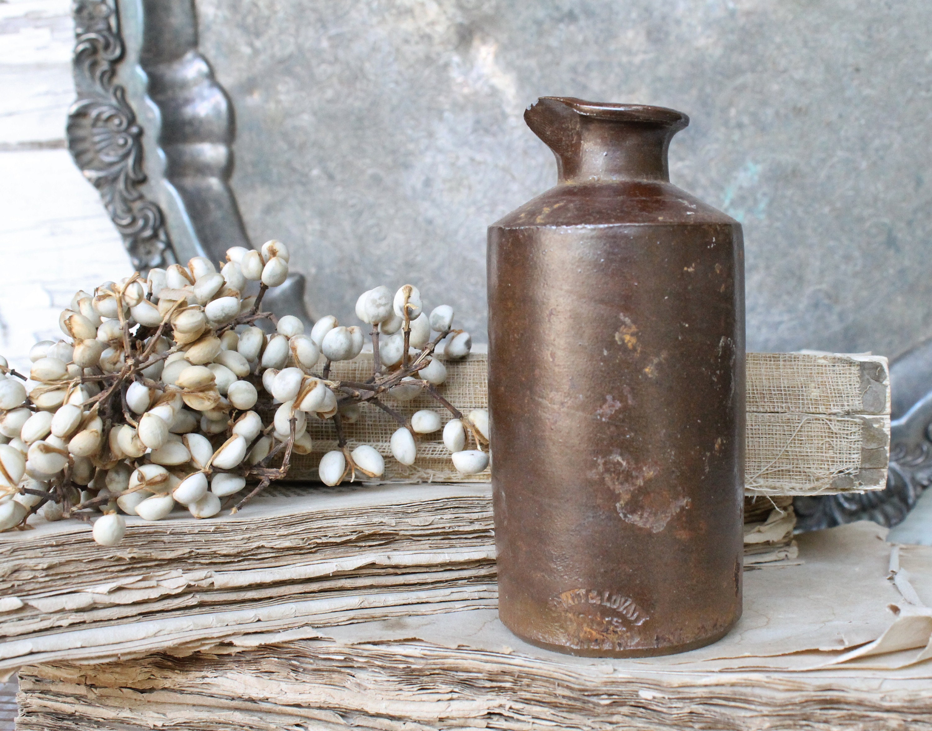 Antique Master Ink Crock Bottle with Pouring Spout BROWN Stoneware