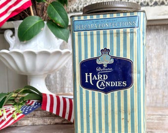 Vintage Delcara Candy Tin, Rochester Candy Works NY, Blue Striped Hard Candies Canister