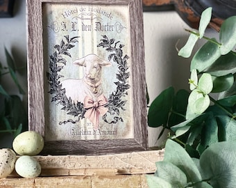 EASTER LAMB Framed Sign Vintage Grain Sack Farmhouse Decor Barn Wood Rustic Laurel Wreath Sheep