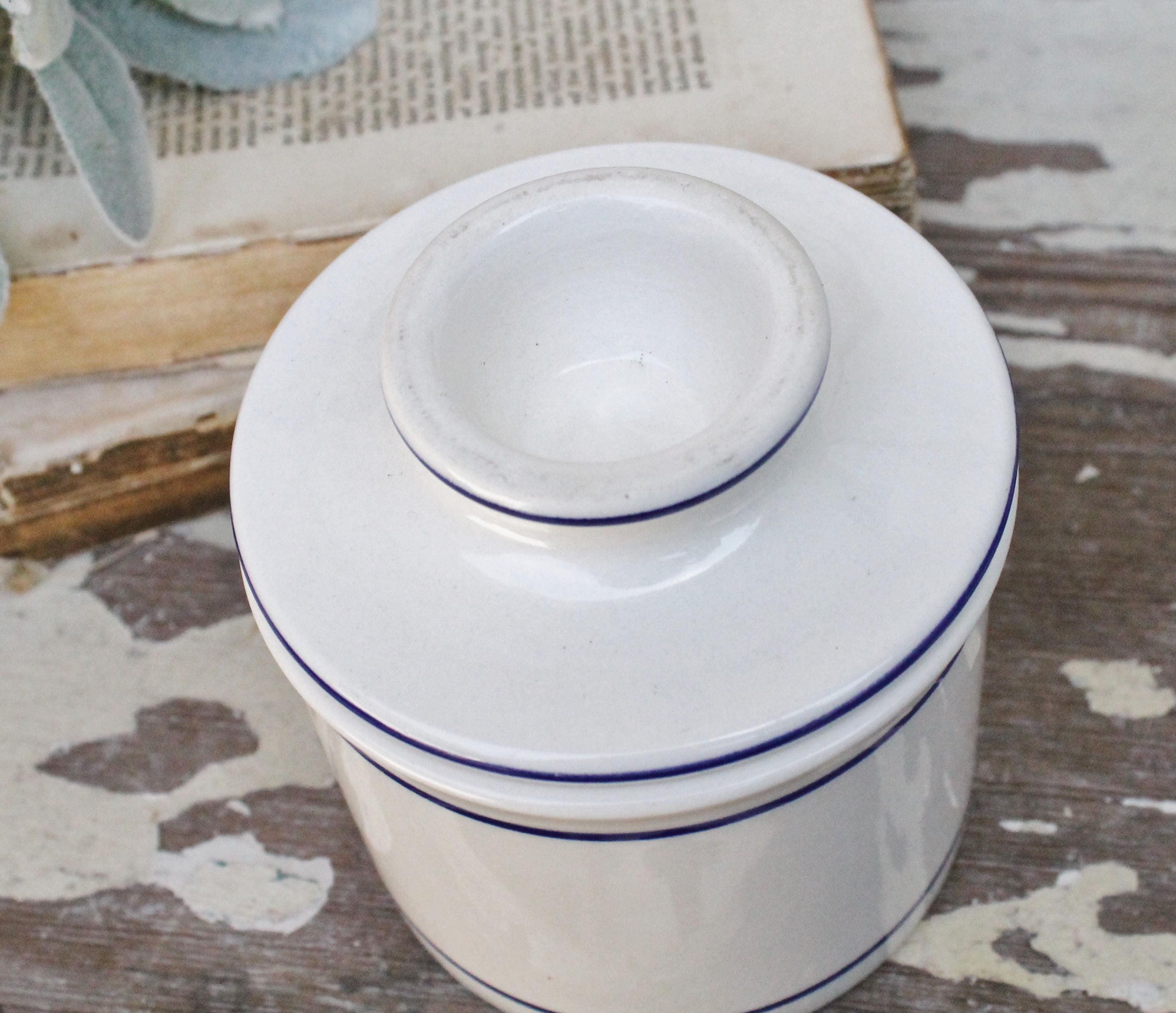 Vintage White Stoneware Butter Bell Jar Crock Blue with Lid Restaurant