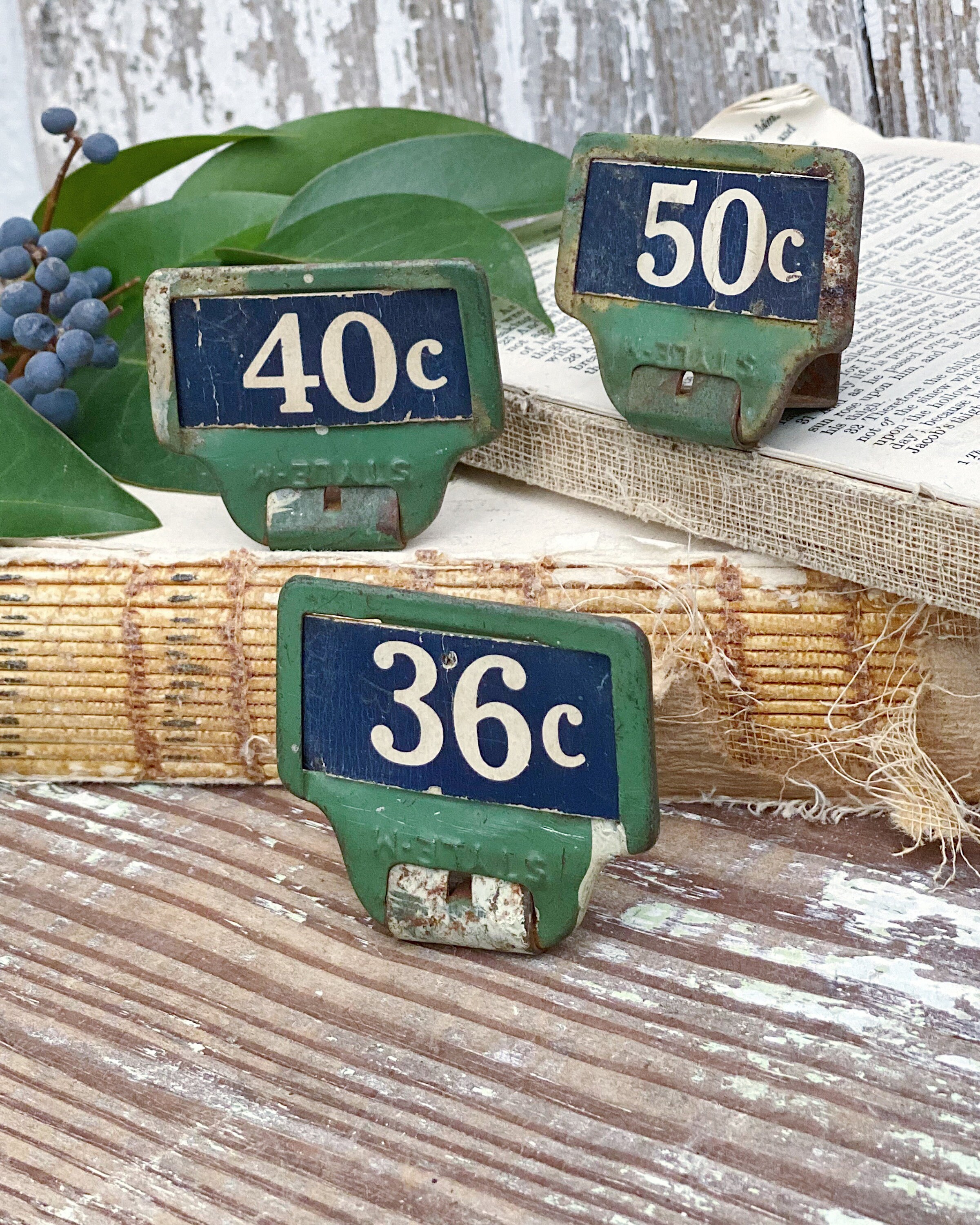Vintage Metal Price Tag Holder GREEN with BLUE Price Tag Antique Mercantile Shelf Clip Numbers