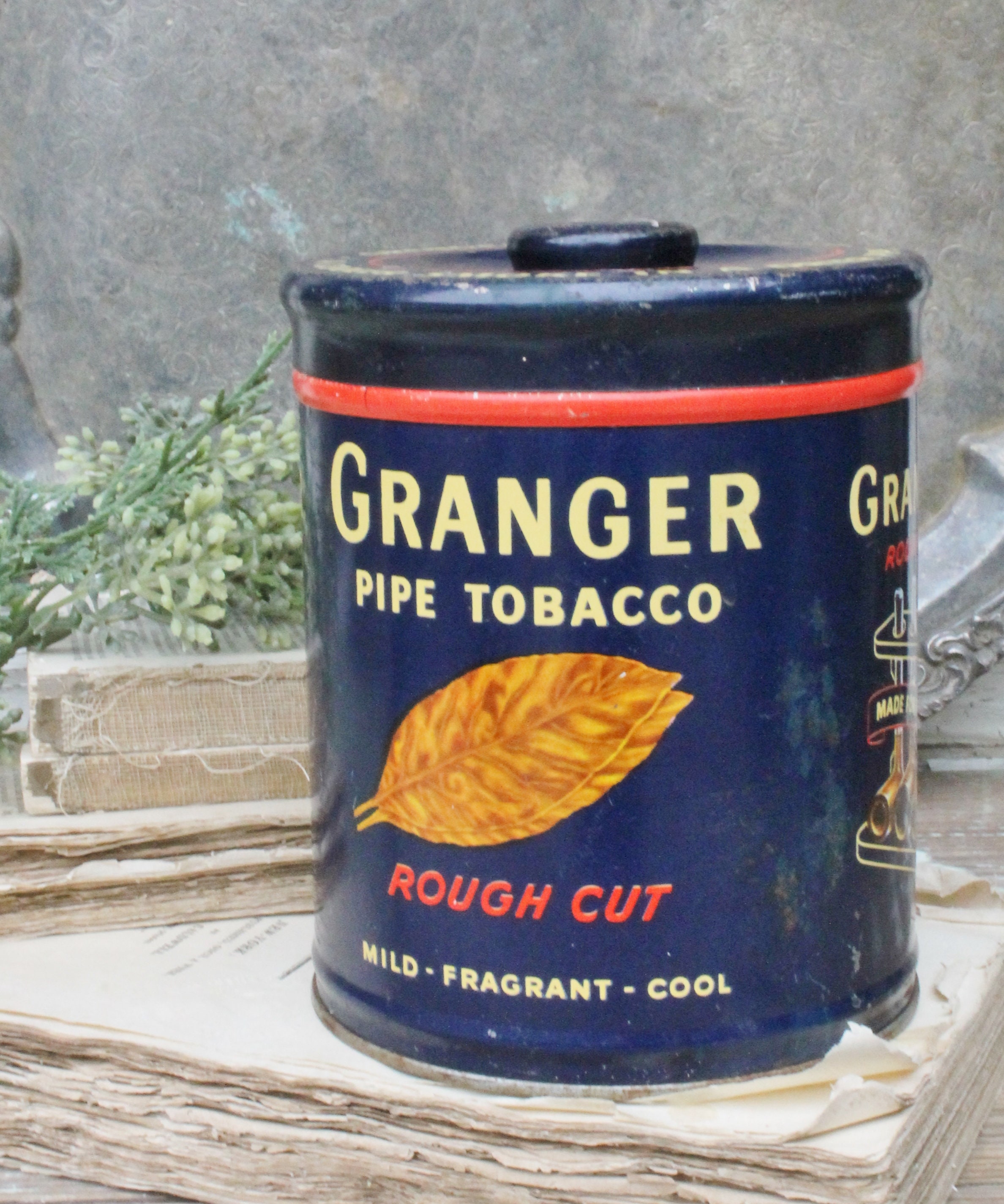 Antique GRANGER Pipe Tobacco Tin Canister Box Farmhouse Decor Fixer