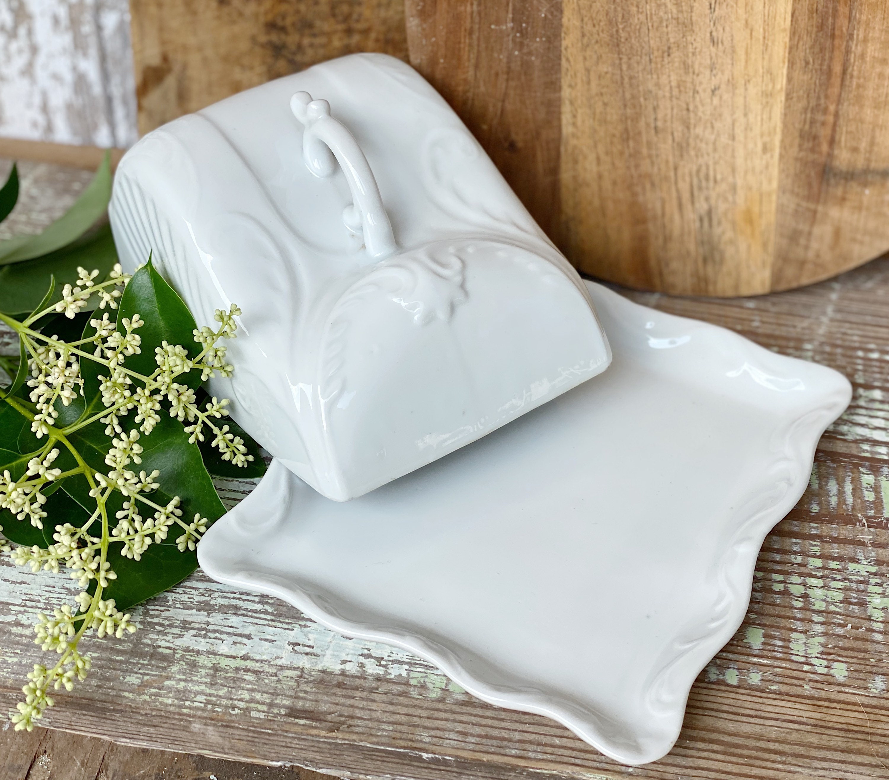 Antique White Ironstone Cheese Cover Dome Lid With Platter