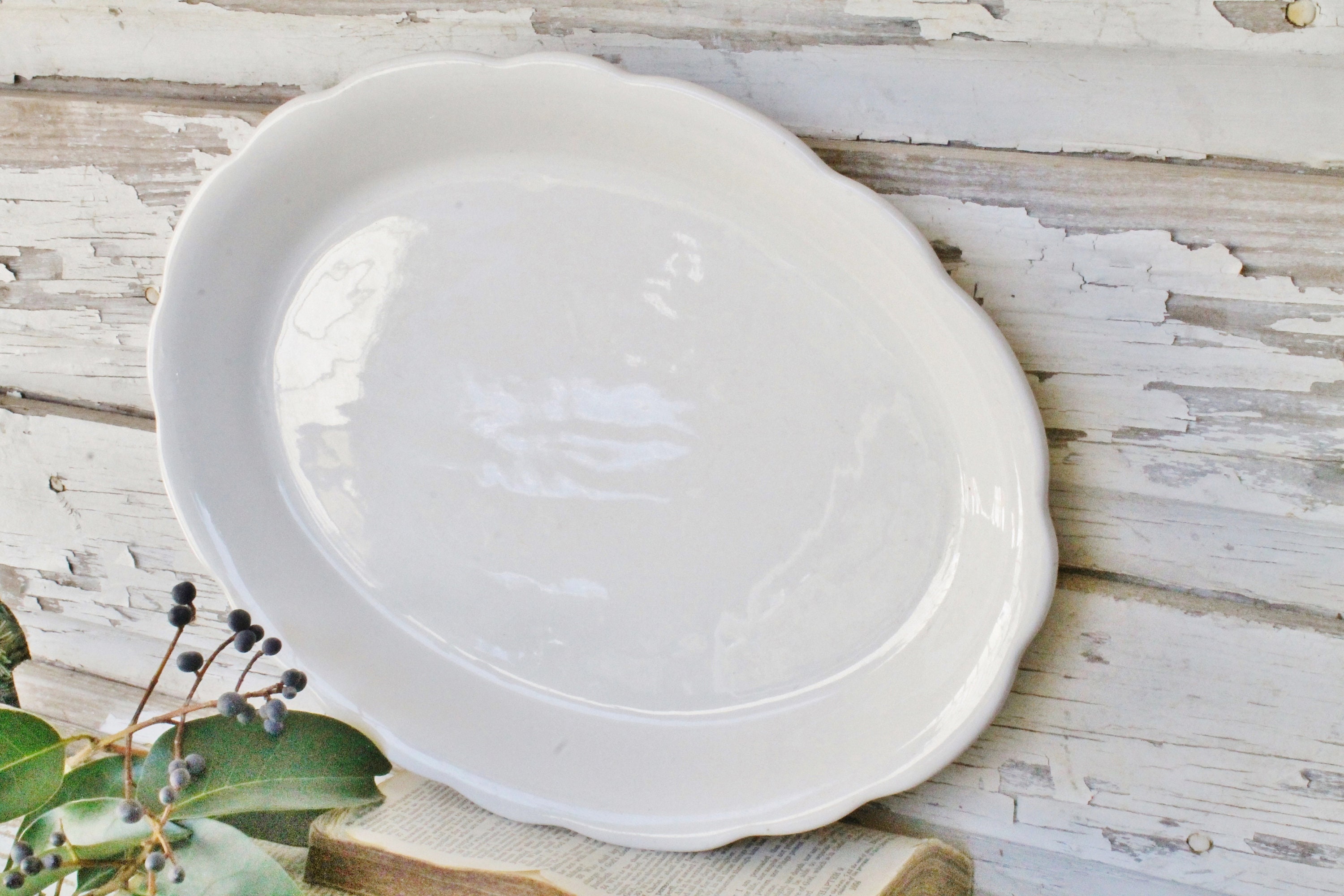 Vintage White Ironstone Platter BUFFALO CHINA Oval Scallop Farmhouse Decor
