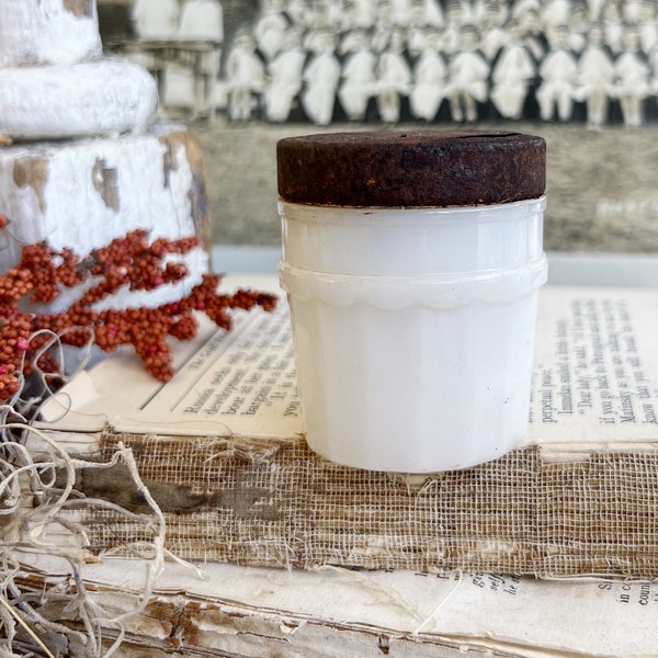 Antique Milk Glass Jar Vanity Scallop White French Farmhouse Decor Rustic USA