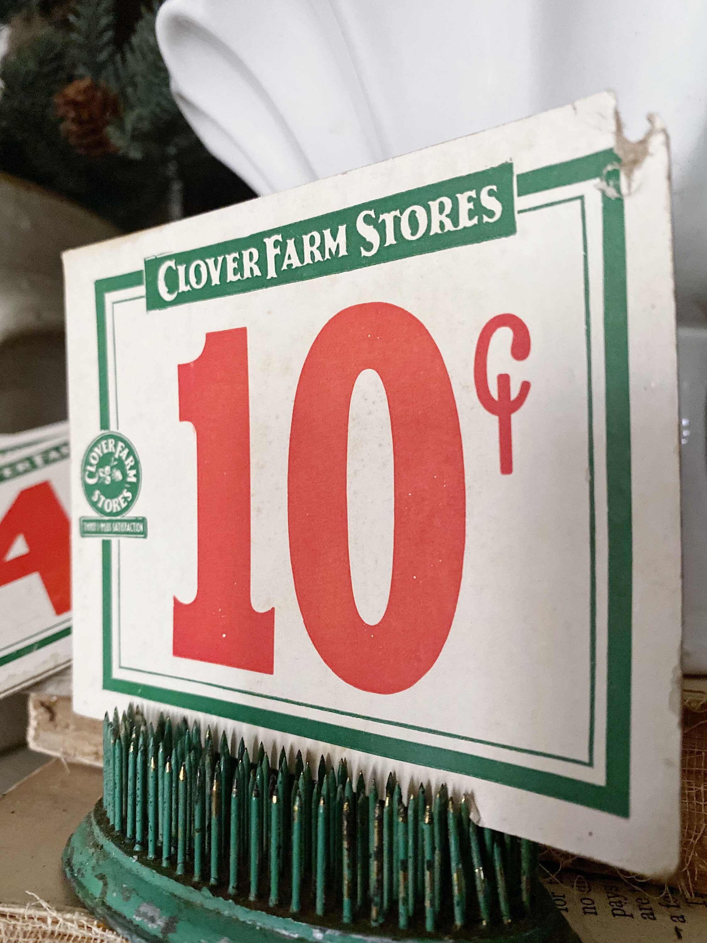 Vintage CLOVER FARM Stores Price Tag Number Card Sign Red Green