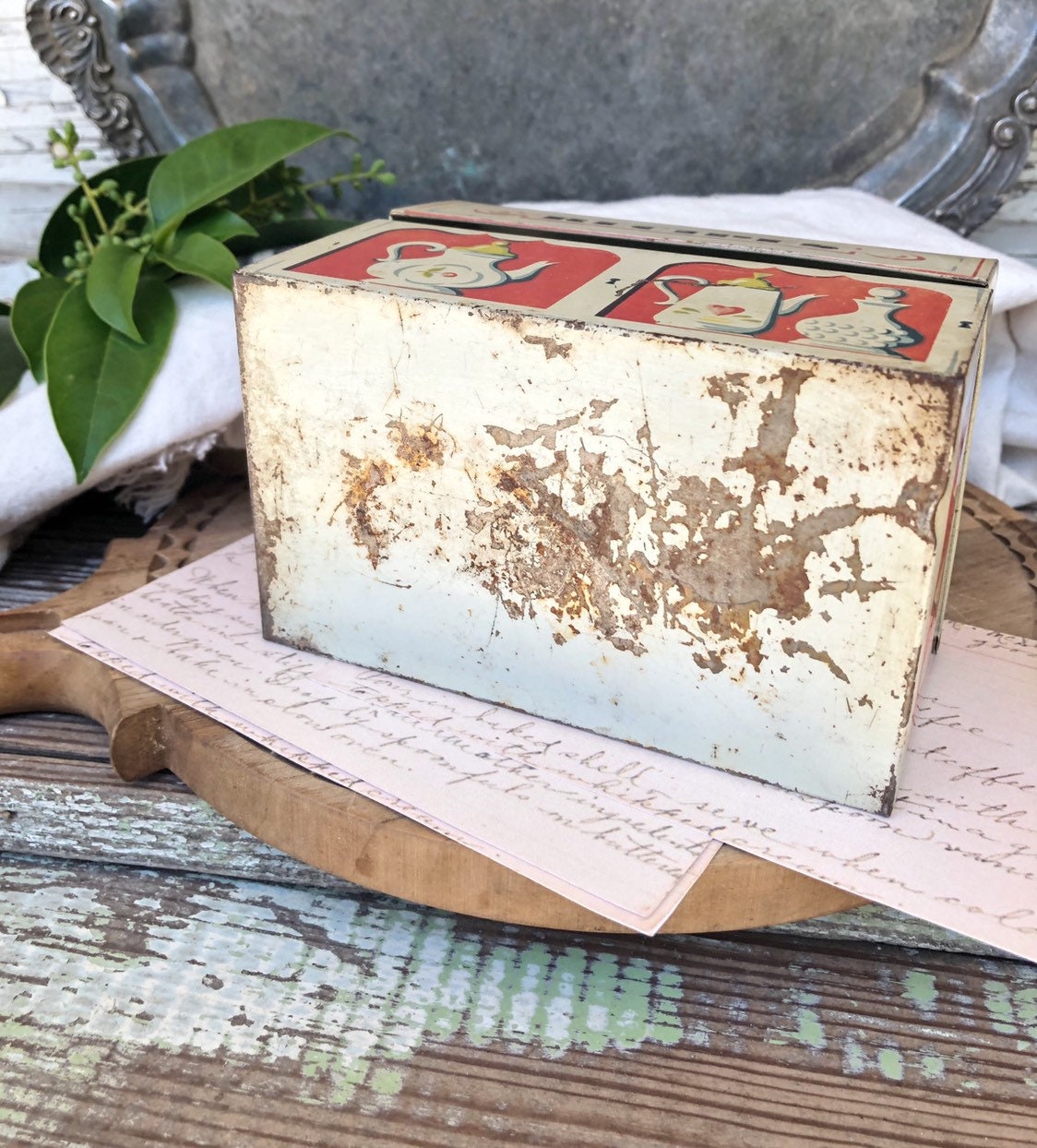 Vintage Metal Tin Recipe Box Painted Primitive Farmhouse Decor