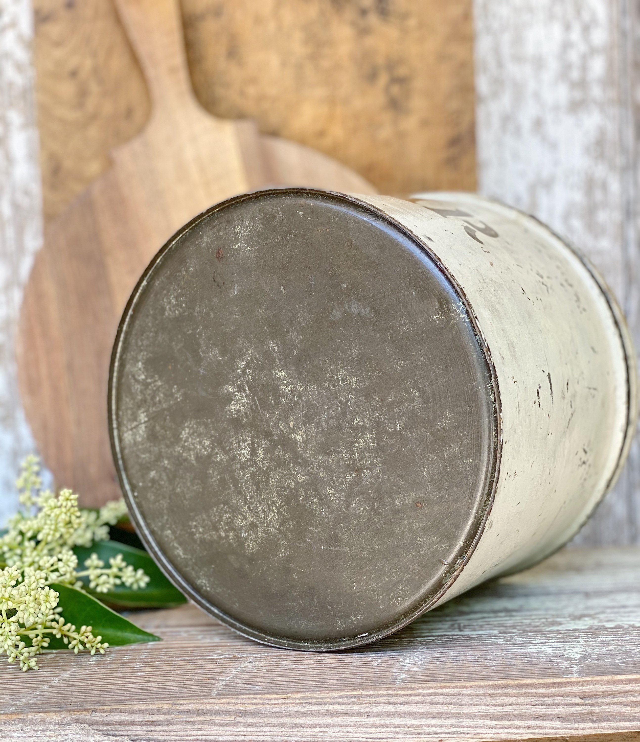 Antique SUGAR Tin Can With Lid Canister Box Chippy White Painted