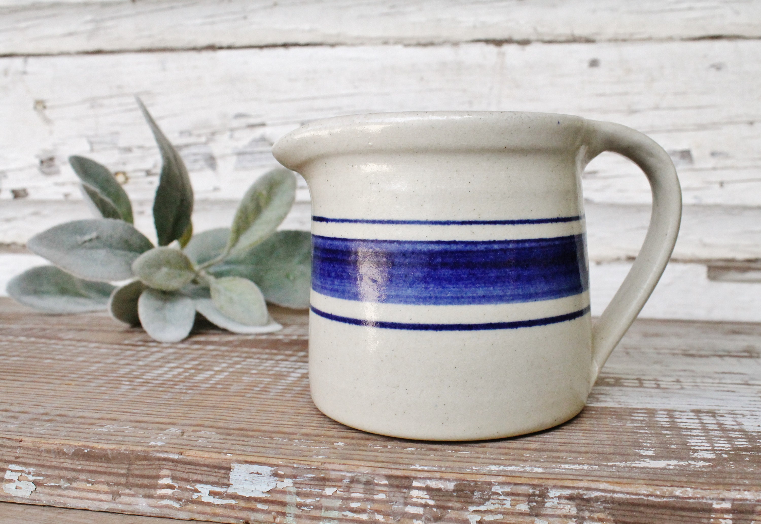 Antique Crock Salt Glaze Stoneware Blue Stripe Farmhouse