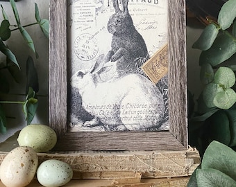 EASTER RABBITS BUNNY Framed Sign Post Card French Farmhouse Decor Barn Wood