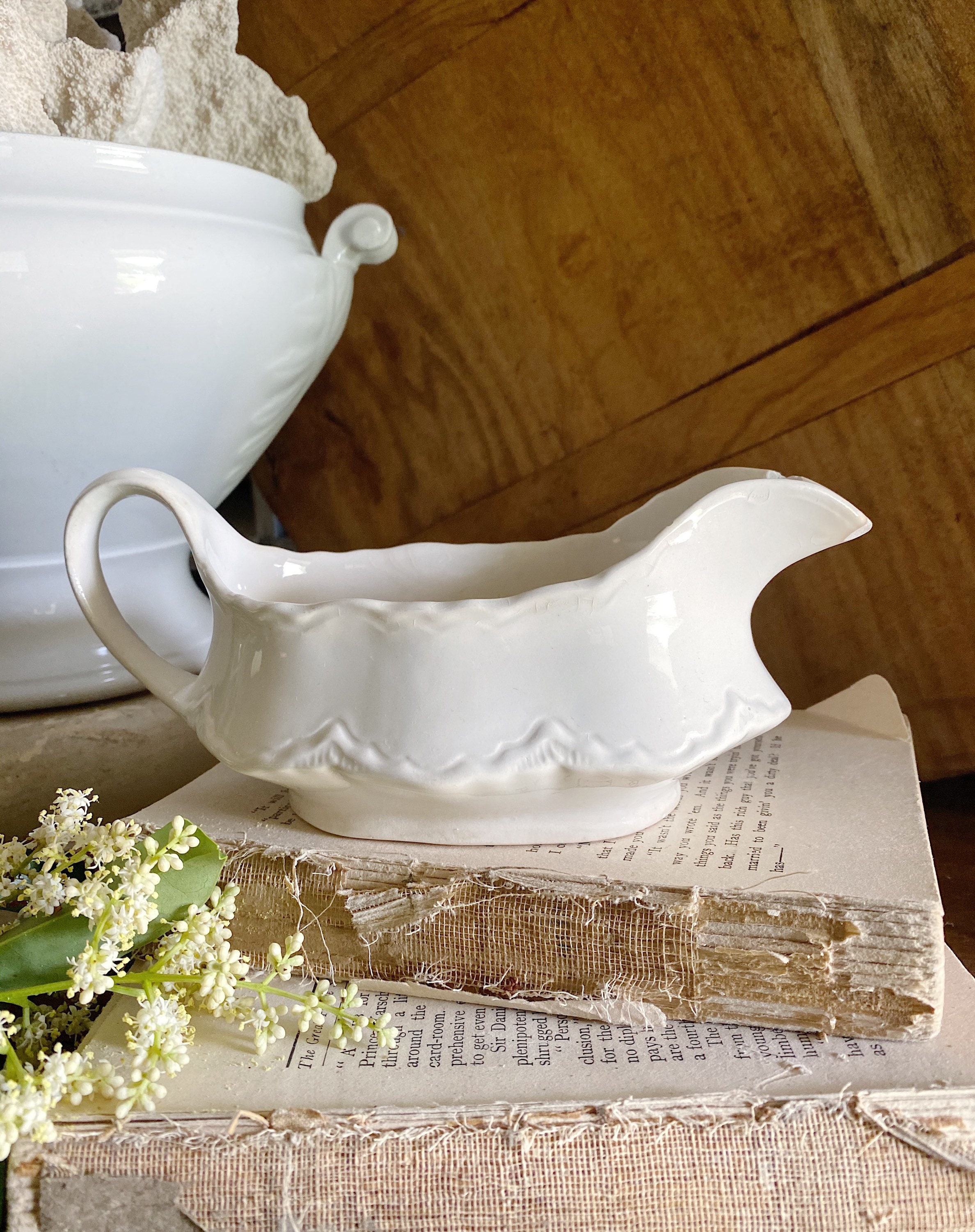 Vintage Creamy White Ironstone Gravy Boat Scallop Antique Pitcher