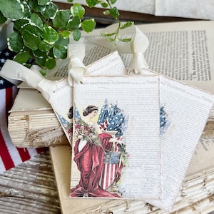 DECLARAÇÃO LADY LIBERTY Etiquetas de presente vintage americanas para decoração de fazenda, conjunto de 8 cartões com bandeira americana