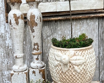 Antique Ironstone Biscuit Jar Basketweave Canister Cream Farmhouse Decor Floral Embossed Japan Handle