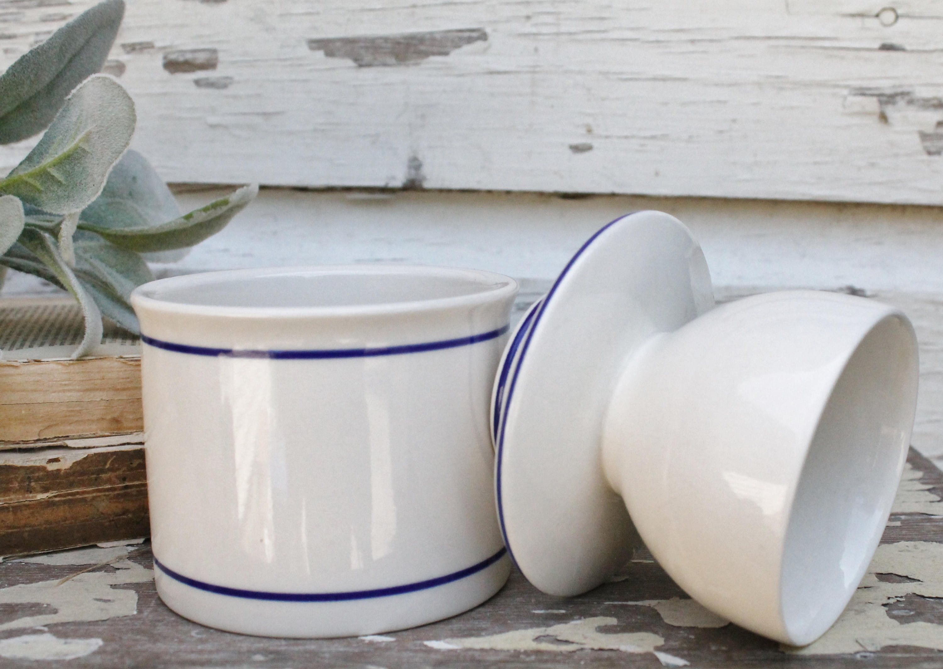 Vintage White Stoneware Butter Bell Jar Crock Blue with Lid Restaurant