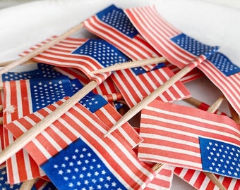 Vintage AMERICAN FLAG Toothpick Topper Paper Pick Stars Stripes Banner Shabby Farmhouse Decor Favor Americana USA Set of Ten