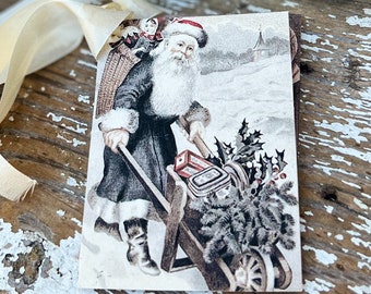 Christmas Vintage Gift Tags Old World SANTA CLAUS With Wheelbarro  St Nick  Farmhouse Christmas Decor Card French Shabby Gift Wrap