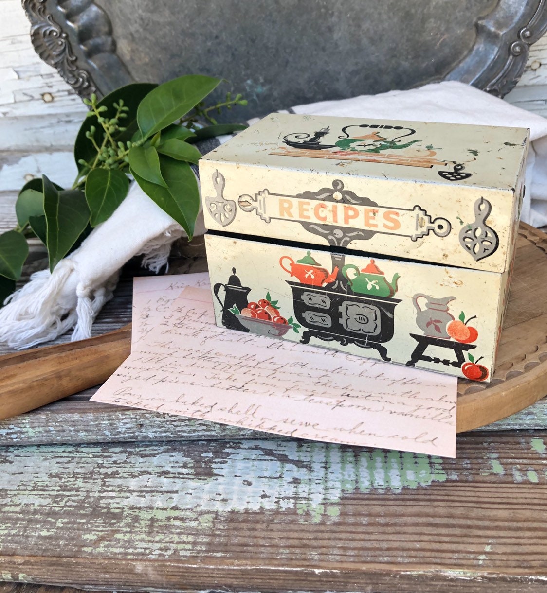 Vintage Metal Tin Recipe Box Painted Primitive Farmhouse Decor
