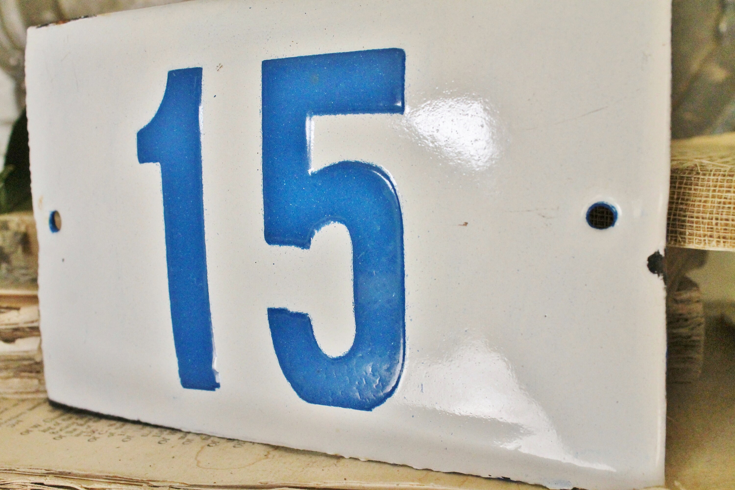 Antique Vintage Enamel House Number Sign Blue White French