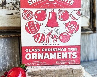 SHINY BRITE ORNAMENTS Wood Sign Red Farmhouse Christmas Decor Vintage Ornament Advertising Sign Wall Art Print