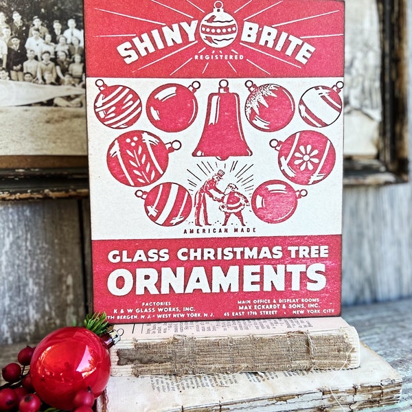 SHINY BRITE ORNAMENTS Wood Sign Red Farmhouse Christmas Decor Vintage Ornament Advertising Sign Wall Art Print