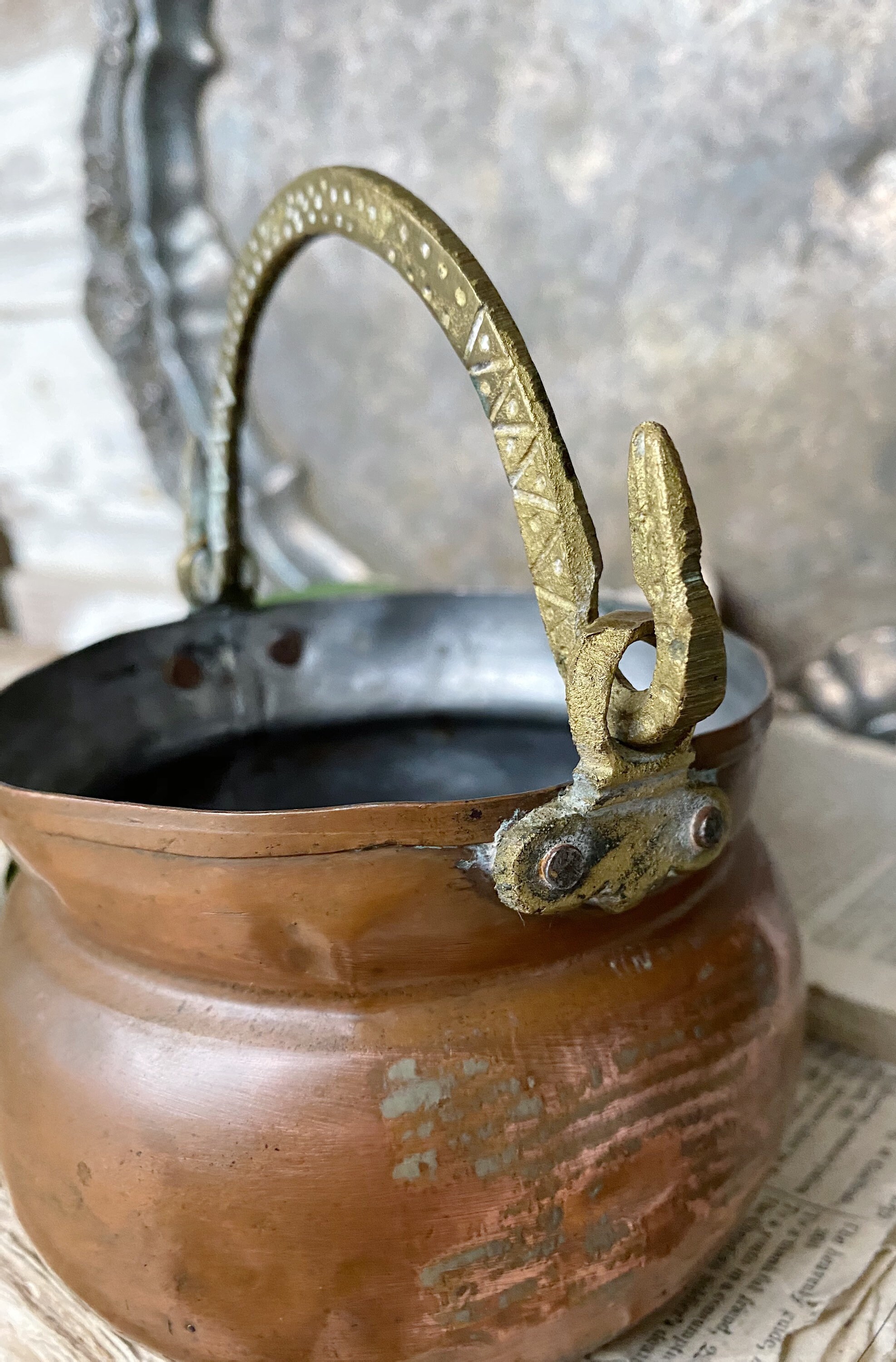 Vintage COPPER Pot Bowl with Brass Handles Farmhouse Decor Fixer Upper ...