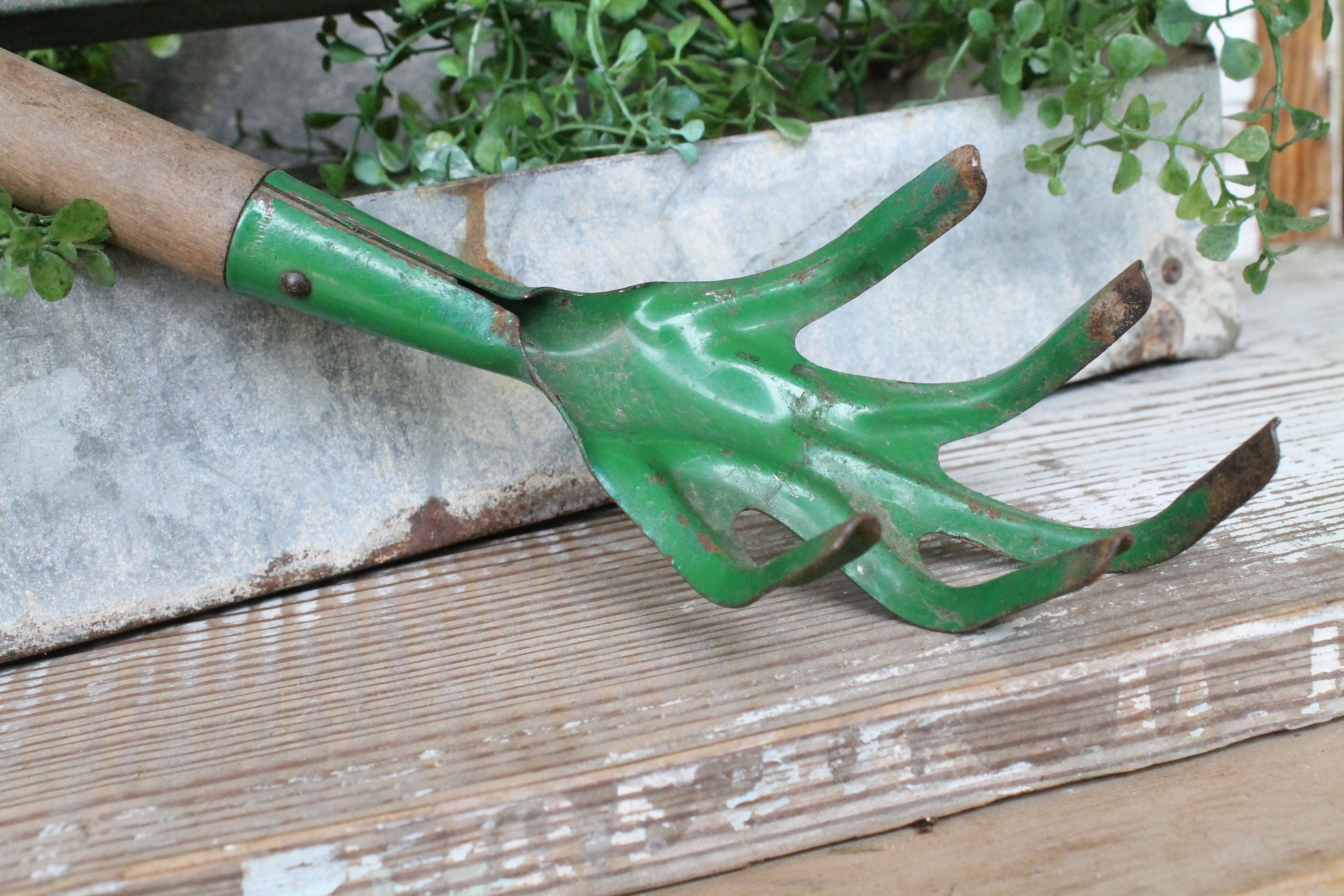 Vintage Garden Hand Tool CULTIVATOR Fork Metal Wood GREEN Farmhouse