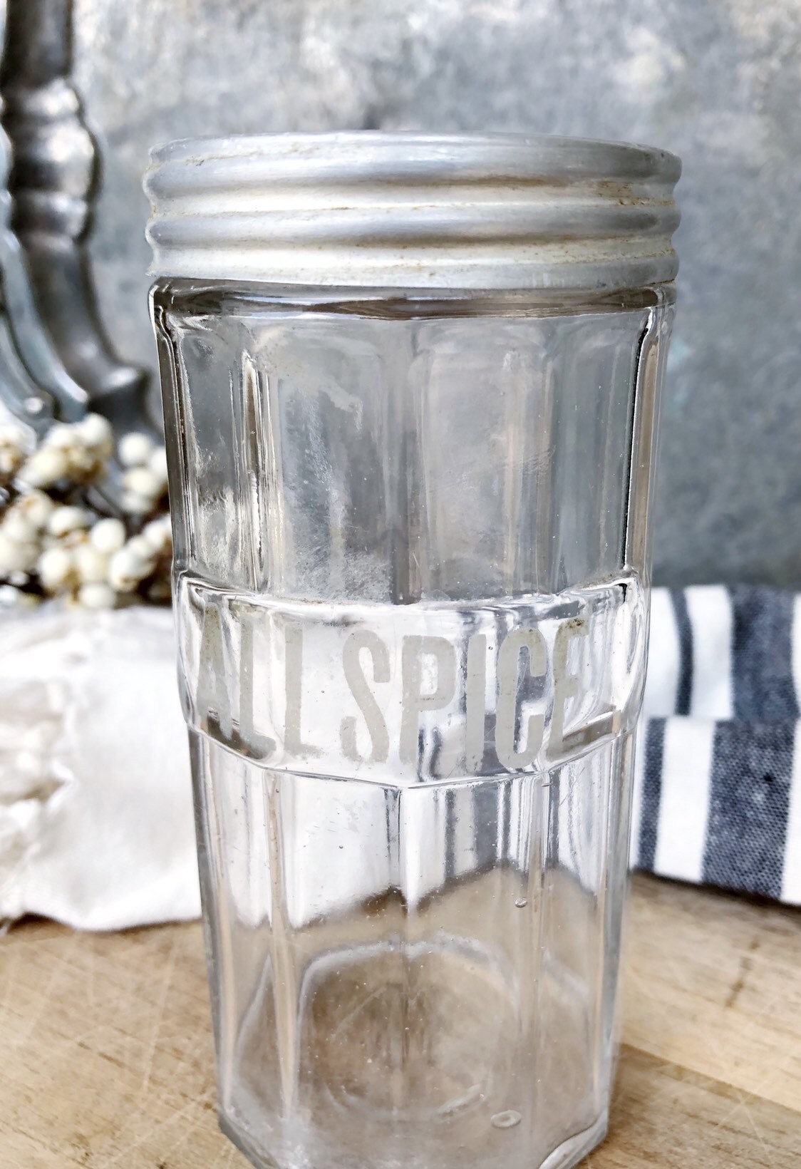 Antique Glass ALL SPICE JAR Silver Etched Farmhouse Decor Fixer Upper Decor